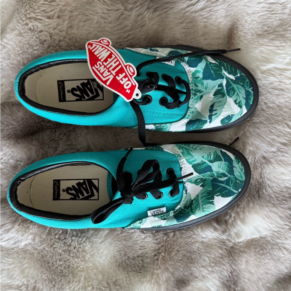 Vans Teal and Green Tropical Leaf Canvas Sneakers